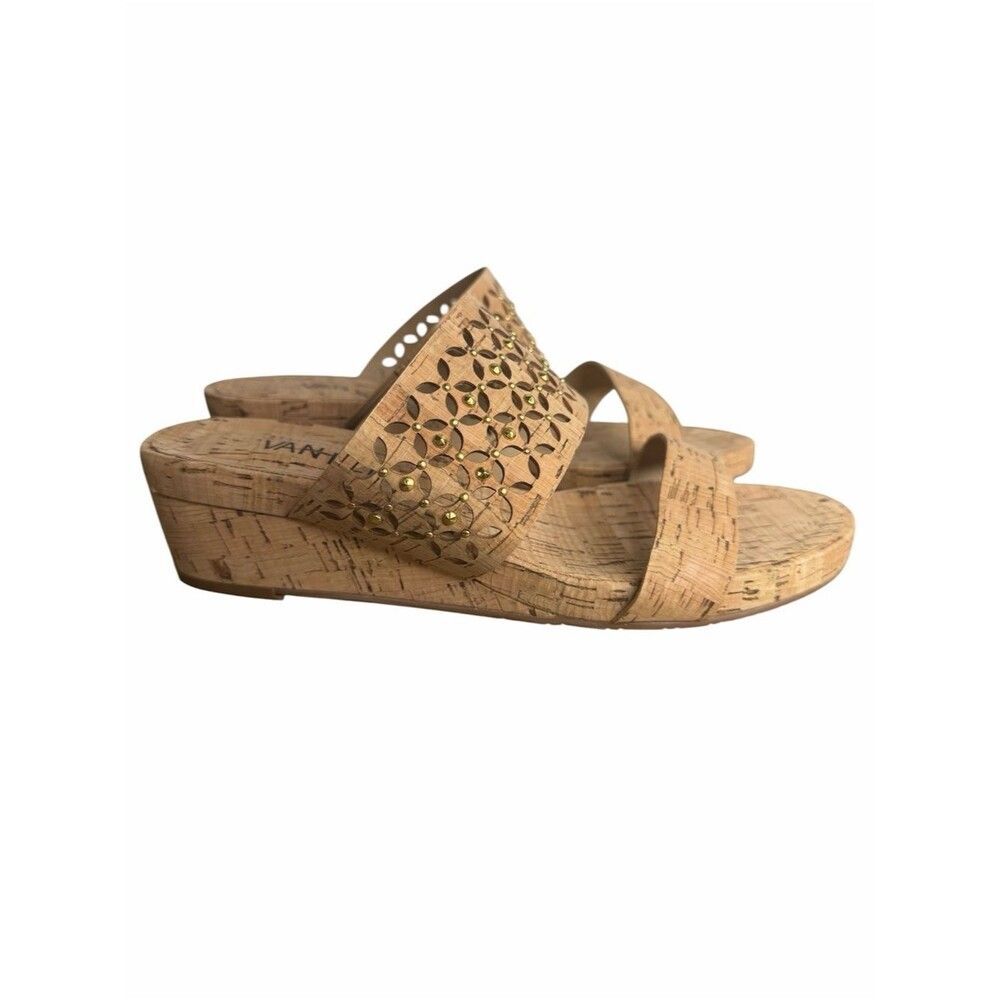 Vaneli Kadence Cork Wedge Sandals size 7W Perforated Metallic Studs Neutral Boho